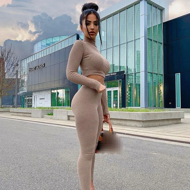 2022-Sexy Knitted Skinny Two Piece Set Women Long