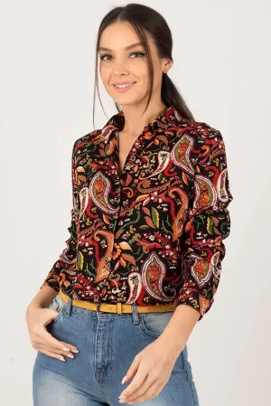 Armonika Women's Black Patterned Long Sleeve Shirt