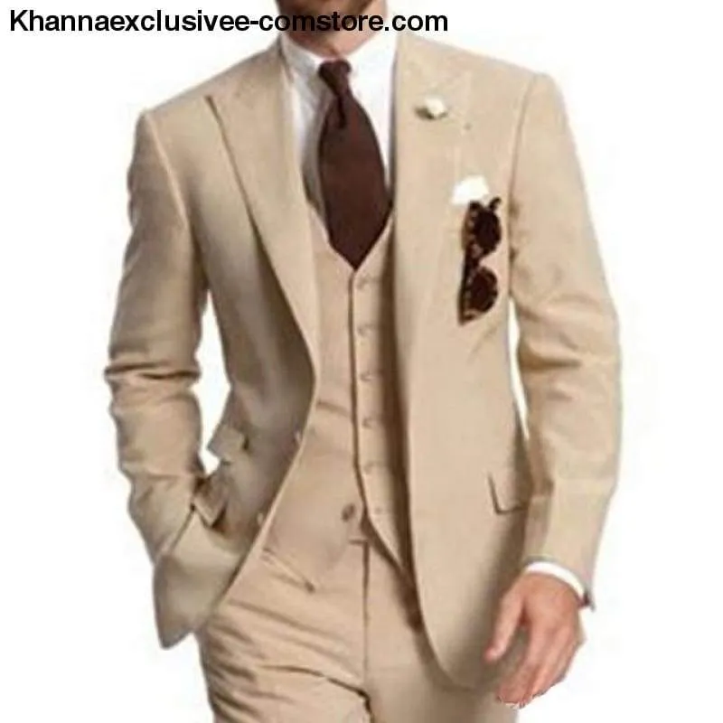 Men's Beige Three Piece Business Party Two Button Custom Made Wedding Tuxedos Suit
