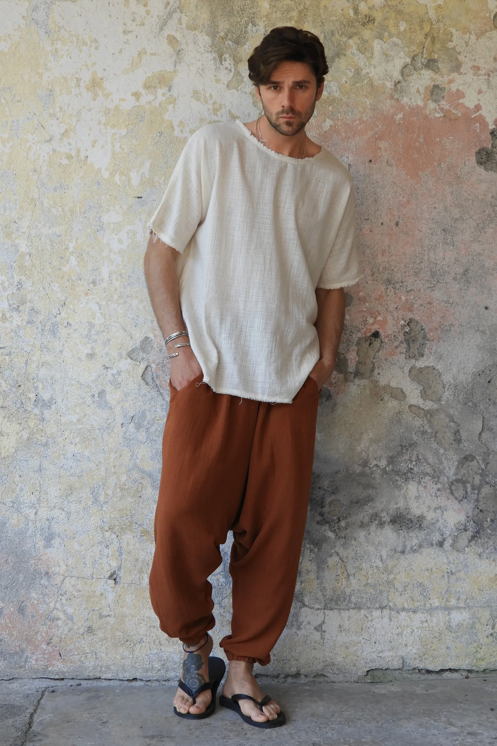 TRIBAL Men's Gauze Cotton Harem Pants (Brown, Gray)