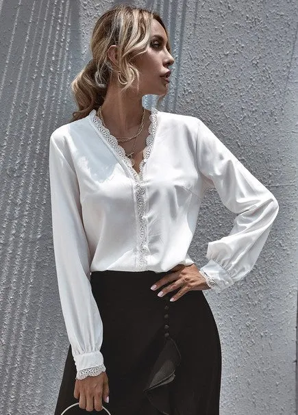 V-neck Lace Lantern Sleeve Single-breasted Shirts Blouses