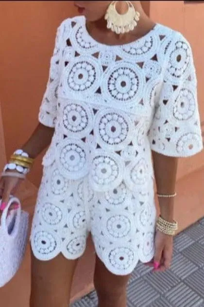 White Enbroidered casual short suit