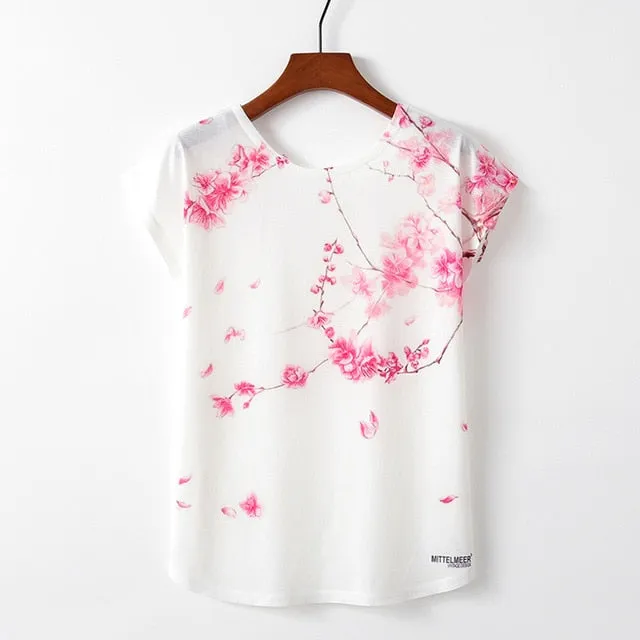 Women Cute Style Bird Print Loose T-shirt
