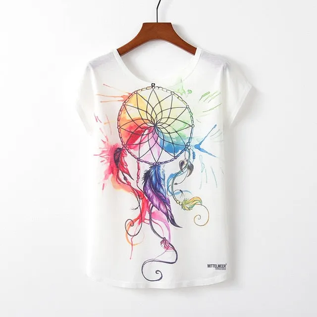 Women Cute Style Bird Print Loose T-shirt