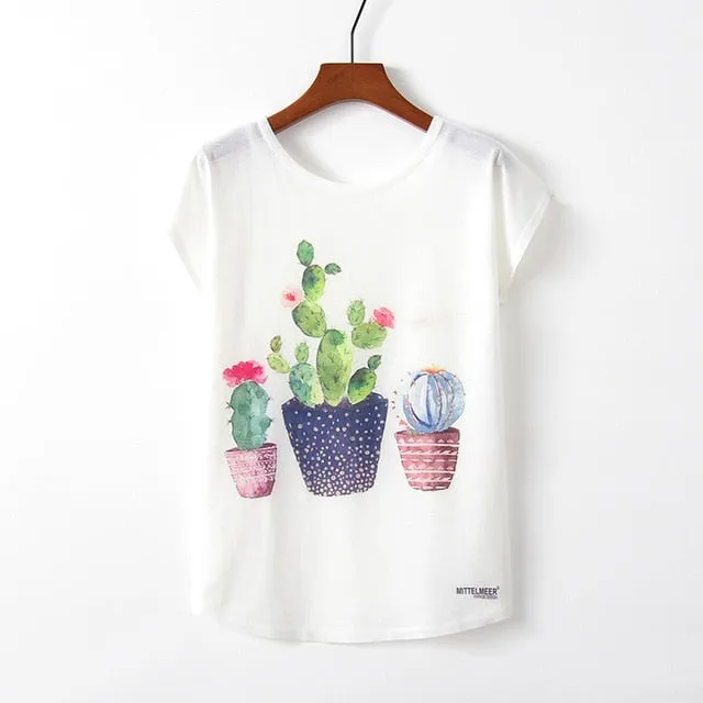Women Cute Style Bird Print Loose T-shirt
