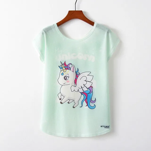 Women Cute Style Bird Print Loose T-shirt